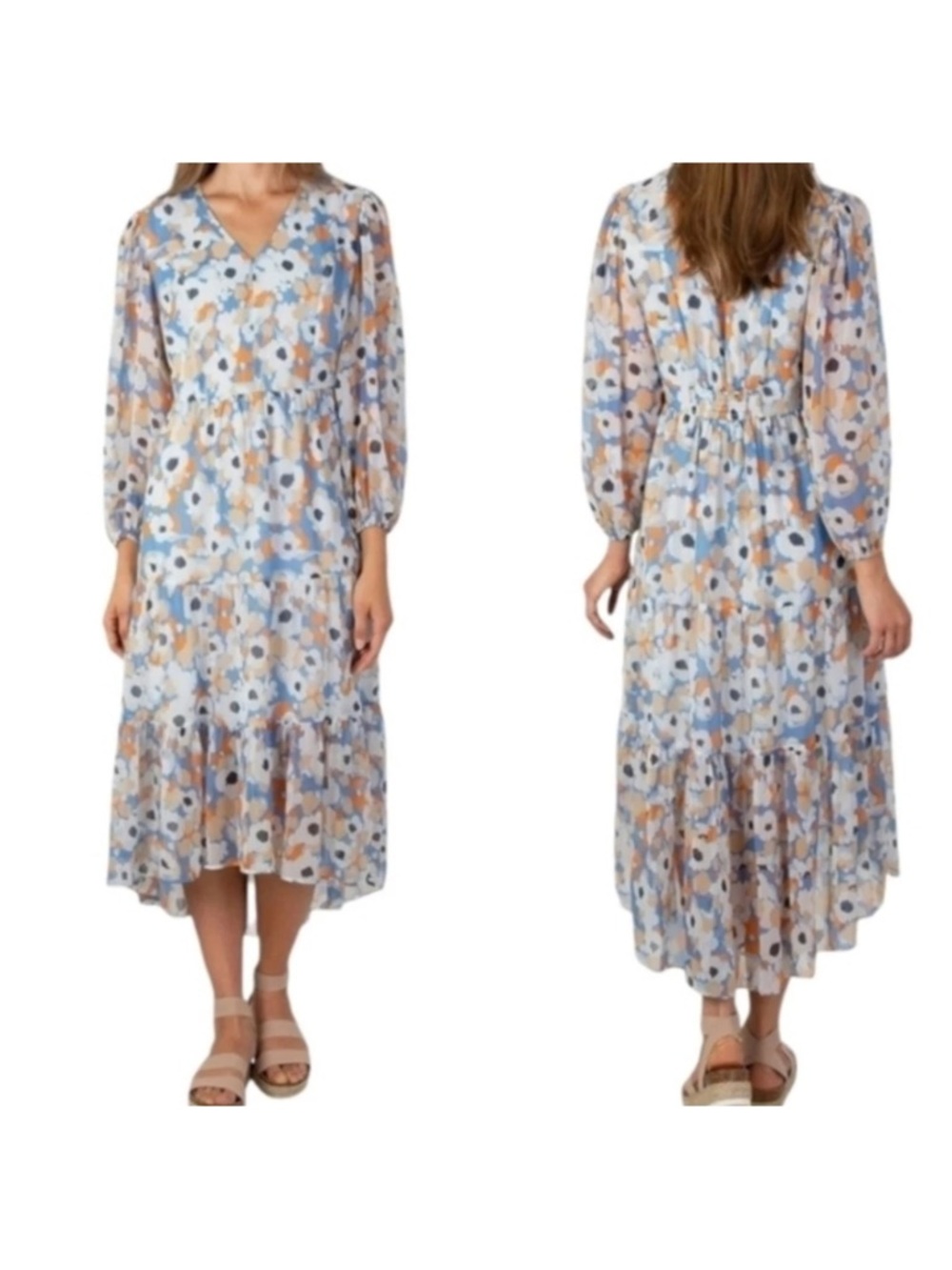 Joie Floral V-Neck Tiered Midi Dress in Light Blue and Tan